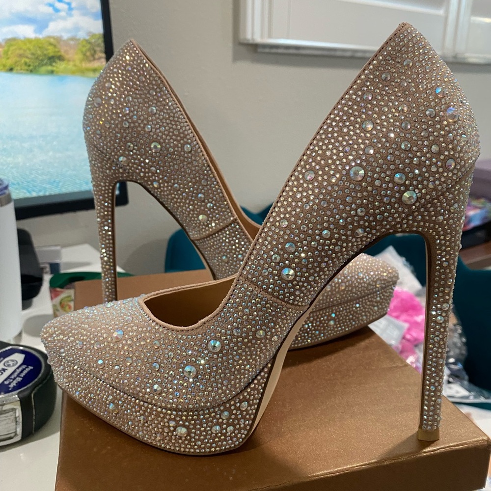 Madden Girl Sparkling Rhinestone Tan Heels